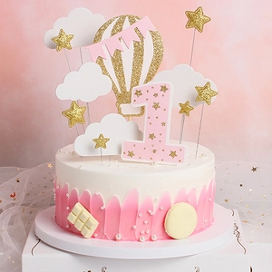 Pink hot air balloon and stars cake topper set for baby first birthday party decoration