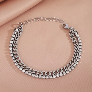 Double-layer silver stainless steel bracelet featuring Cuban links and rhinestone tennis chain
