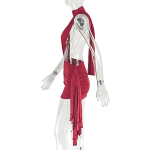 Detail of dark red bodycon mini dress featuring halter neck, long scarf, and side fringe