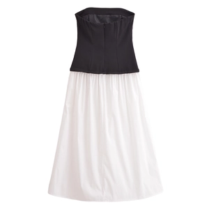 Elegant strapless midi dress featuring a black fitted bodice and white flared skirt