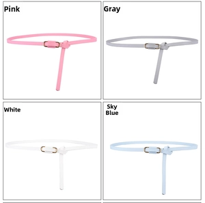 Four colors of slim fashion belts with gold oval buckles and stylish knot closure