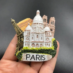 3D resin Paris fridge magnet featuring Eiffel Tower and Notre Dame landmarks
