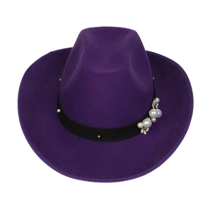Close-up of purple wide brim fedora hat featuring black band with white pearls and gold beads