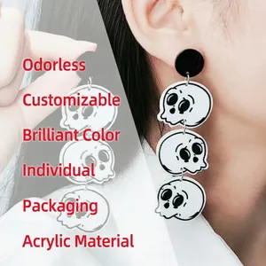 Gothic punk Halloween acrylic triple skull drop earrings for women with black studs