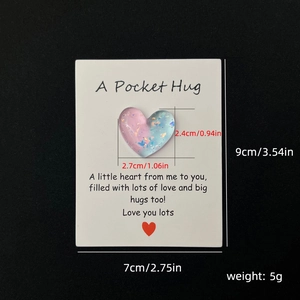 Detailed dimensions of resin heart pocket hug token and greeting card for gift giving