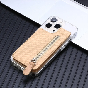 Detail of clear phone case with khaki woven leather zipper wallet pocket for cards