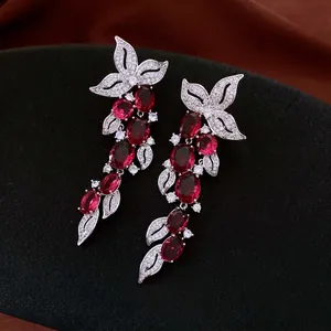 Vintage leaf zircon tassel earrings with large oval red gemstones in luxury silver finish