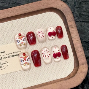 Handgefertigte Künstliche Nägel Neuer Chinesischer Stil Rot Katzenauge Löwentanz Feuerwerk 3D Relief Samtschleife Damen Festliches Geschenk