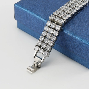 Men's hip hop titanium steel bracelet with triple rows of pavé crystals and fold-over clasp