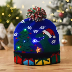 Blauwe gebreide kerstmuts met LED-verlichting, dinosauruspatroon en kleurrijke pompon