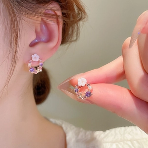 Floral wreath stud earrings with purple zircons, pearls and small white resin flowers