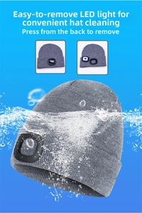 Detail of grey beanie with removable LED light showing easy disassembly for washing