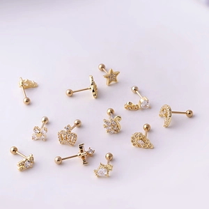 Golden 20G titanium steel studs with zircon stars, moon, and crown shapes