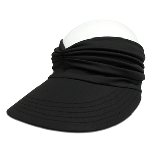 Detail of black elastic sun visor featuring pleated band and wide reinforced brim
