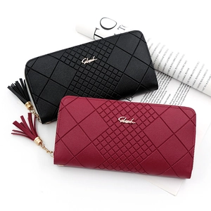 Women Long Wallet PU Leather Geometric Embossed Zipper Purse With Tassel Wrist Strap Phone Clutch Card Holder Elegant