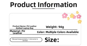 Specifications for the quilted PU leather laptop sleeve showing material and weight info