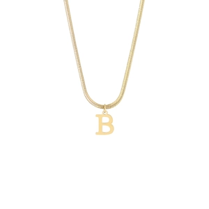 Close-up of 18K gold plated snake chain featuring a minimalist capital letter B pendant