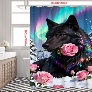 Detail eines 3D Duschvorhangs mit Wolf und Rose Motiv sowie 180cm Größenangabe