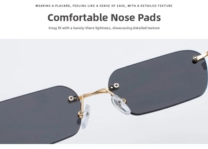 Macro detail of comfortable silicone nose pads and gold metal bridge on rimless sunglasses