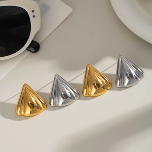 Minimalist textured fan-shaped stud earrings in polished gold and silver stainless steel