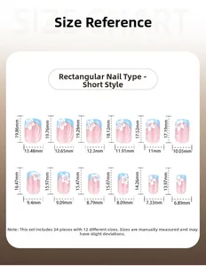 Size chart showing 24 pieces of short square press-on nails in 12 different dimensions