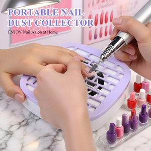 Macro view of portable lavender nail dust collector on marble surface with accessories