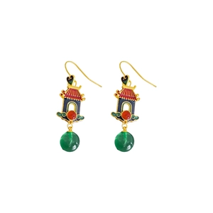 18K gold lantern-shaped earrings with red blue enamel and green beads on white background