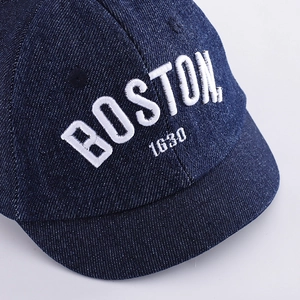 Navy denim baseball cap with BOSTON 1630 white embroidery and retro short brim design