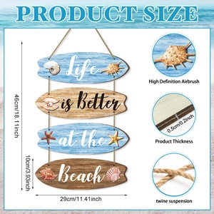 Coastal wooden surfboard wall hanging with starfish and shell beach motifs, 18.11 inches