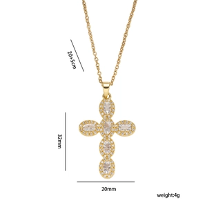 Gold stainless steel cross necklace with colorful zircon stones and 20+5cm chain
