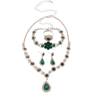 Elegant 4-piece jewelry set with green teardrop crystals in a silver-tone finish
