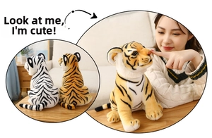 Detailed close-up of realistic plush tiger toy with vivid facial features and soft texture