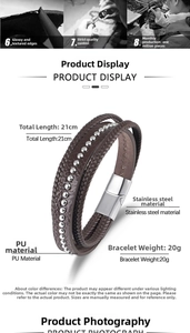 Détail d'un bracelet multicouche en cuir tressé avec perles en métal et fermoir magnétique