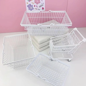 Miniature white wire shopping basket set and trolley for desktop capsule storage