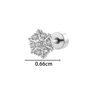 Silver snowflake stud earring with clear crystals and screw back, 0.66cm width