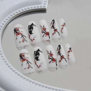 Matte white coffin press-on nails with Chinese ink plum blossom and bird art design