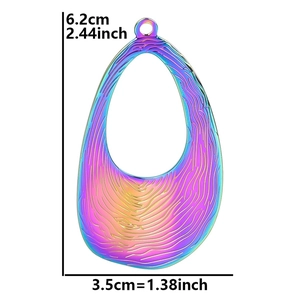 Detailed view of teardrop rainbow metal pendant with sizing 6.2cm by 3.5cm