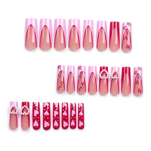 Pink French coffin fake nails with strawberry art and 3D pearl heart charms