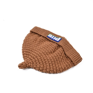 Brown knit baby beanie with textured pattern and decorative pointed top on white background