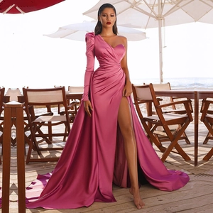 Single Shoulder Satin Evening Dress Ruched High Split Long Puff Sleeve Floor Length Elegant Formal Gown For Women