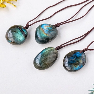 Natural labradorite stone pendant necklaces with blue iridescent flash on woven cords
