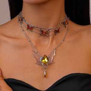 Layered Butterfly Necklace Choker Alloy Enamel Rhinestone Amber Water Drop Pendant Vintage Trendy Jewelry For Women