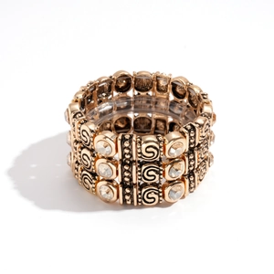 Vintage gold layered stretch bracelet with hollow geometric patterns and clear crystals