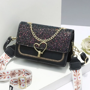 Women Sequin Glitter PU Leather Crossbody Bag With Heart Shaped Lock And Patterned Wide Strap Elegant Small Square Handbag
