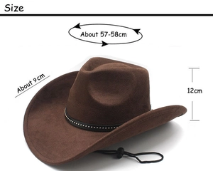 Size specifications for the brown suede cowboy hat featuring brim and crown dimensions
