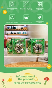 Close-up of cute panda keychains with green round charms inside clear PVC packaging pouches