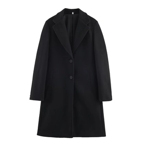 Classic black long wool blend coat featuring notch lapels and a slim-fit silhouette
