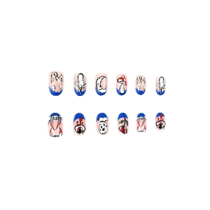 Classic French nude press-on nails with mushroom and skull art, almond shape, 24 pieces set
