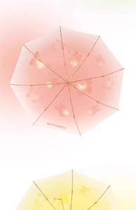 Macro shot of pink and yellow butterfly pattern parasols with creative glowing texture