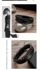 Detail of men's multilayer beaded bracelet featuring black woven leather and stainless steel